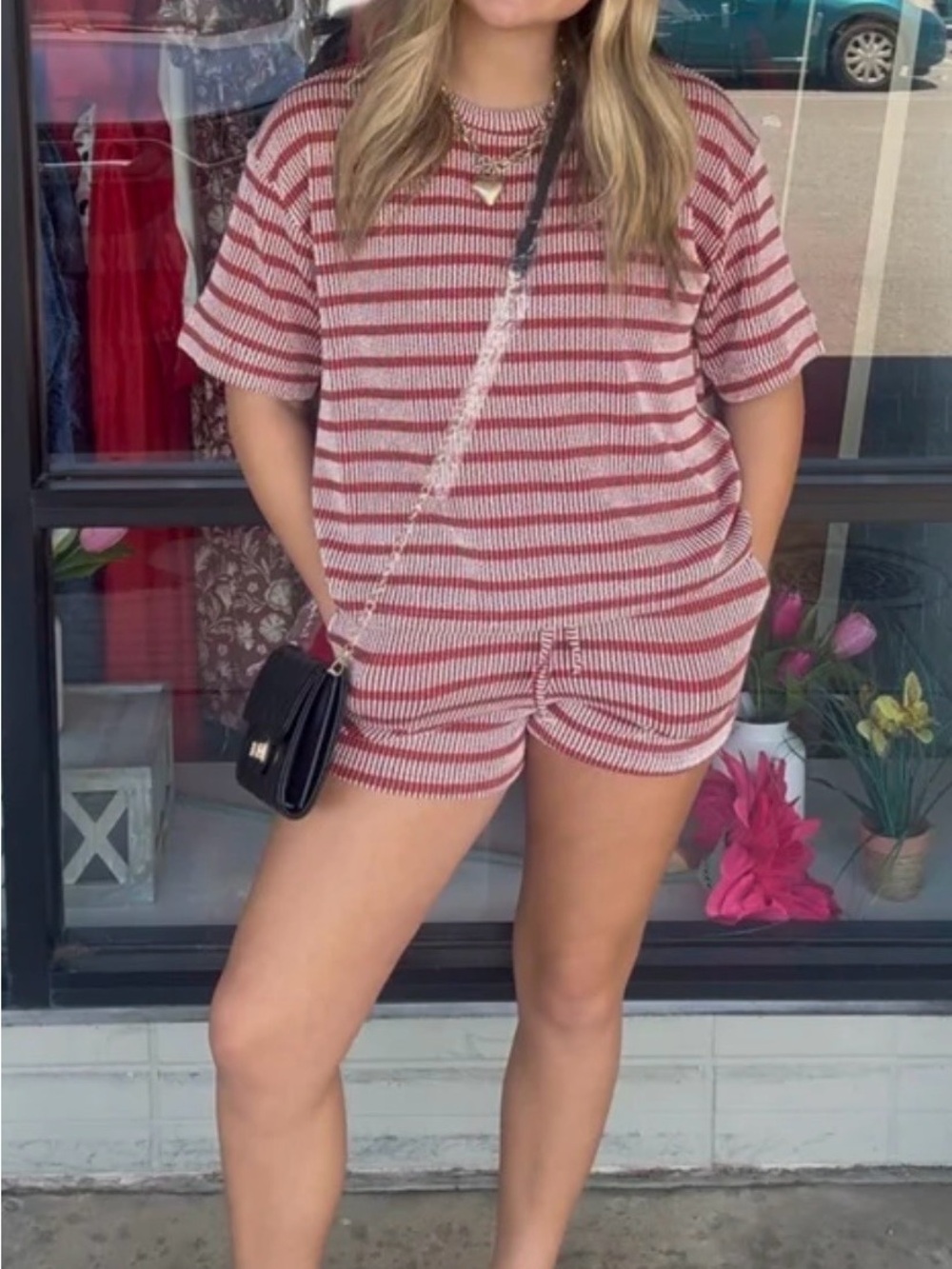 Striped Short Sleeve Knit Tee in Red and Cream